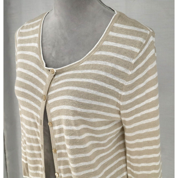 JNY Jones Sweater Womens Medium Beige White Linen Blend Cardigan Lightweight - Picture 8 of 12